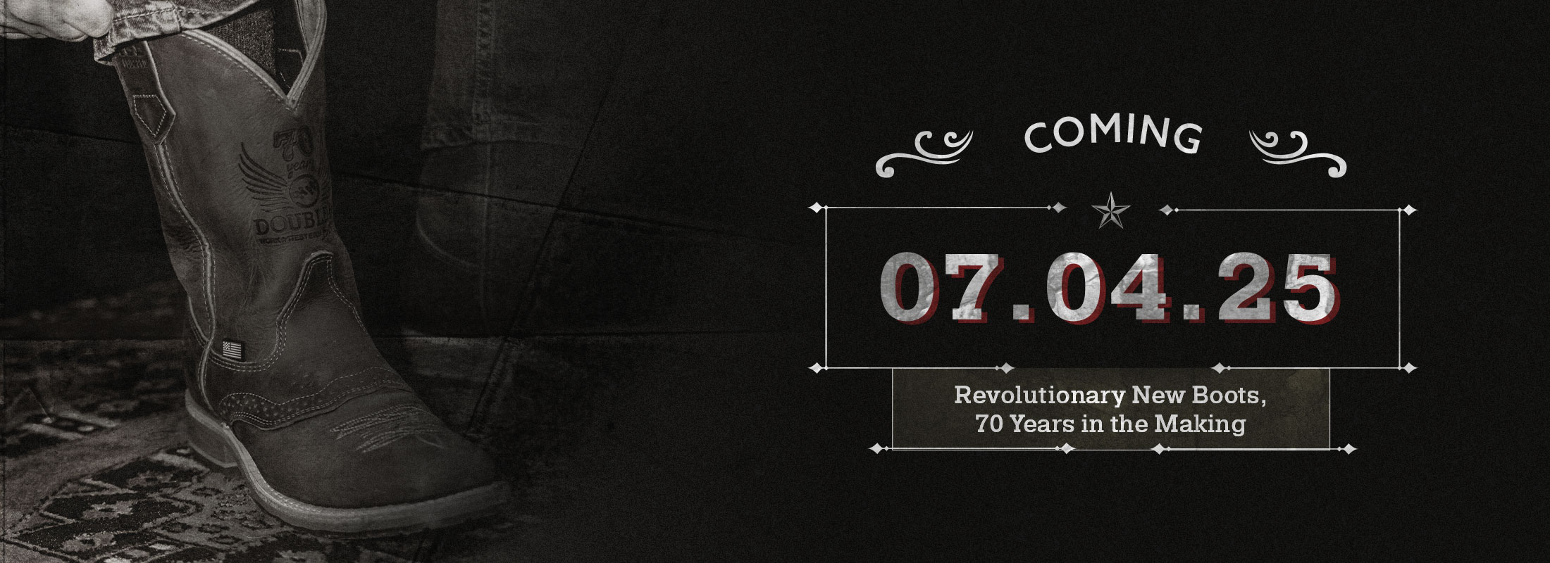 Coming 07.04.25. Revolutionary New Boots, 70 Years in the Making. The 70th Anniversary boot obscured.